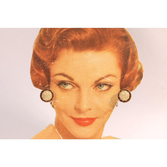 1950s Gold Tone Metal and Faux Pearl Circle Screw Back Earrings