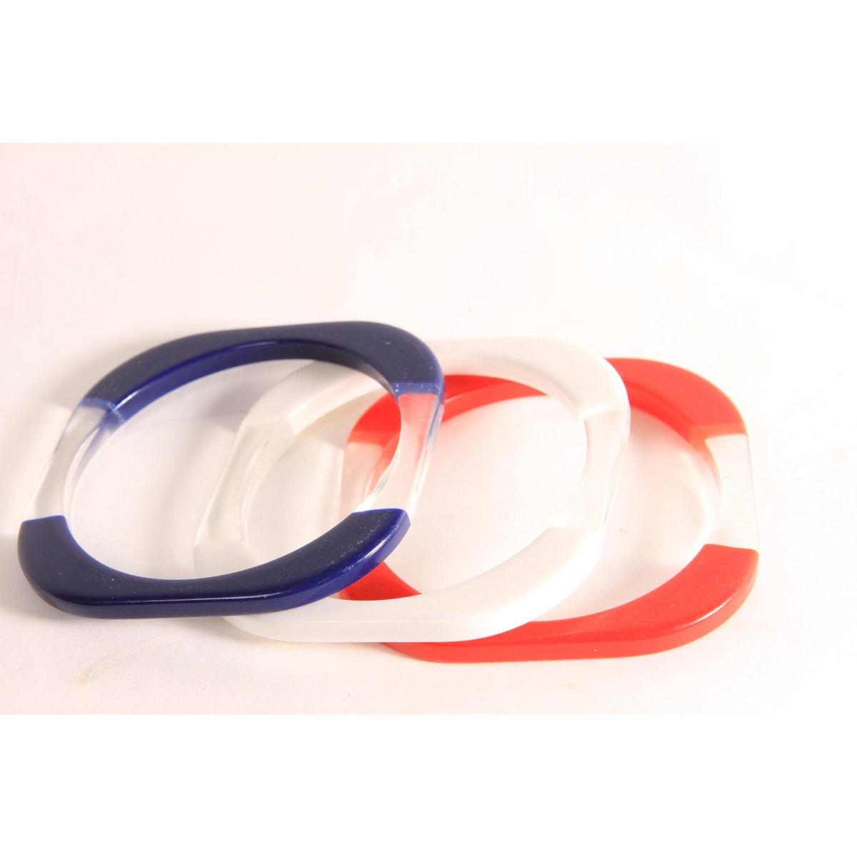 1970s 1980s Clear, Red, White and Blue Square Plastic Lucite Stack of 3 Bangle Bracelets