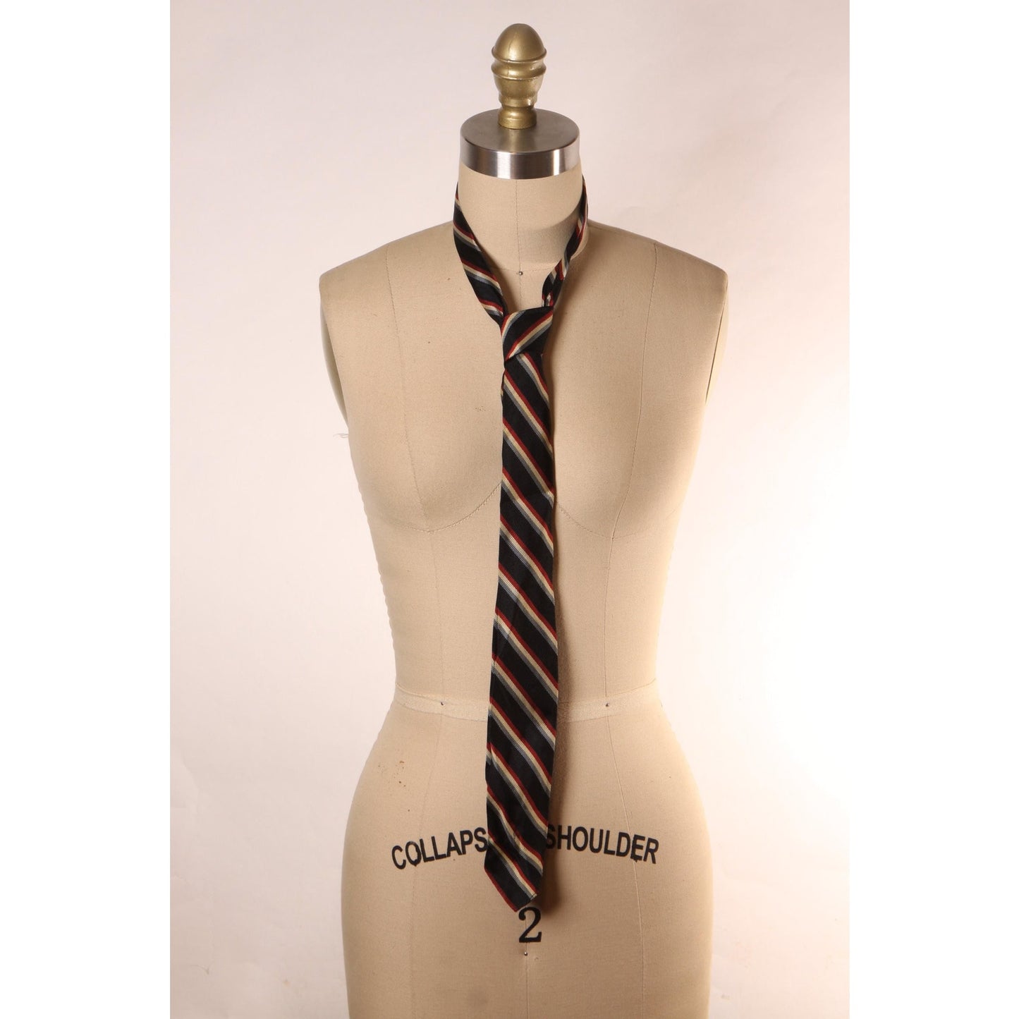 1960s Black, Blue, White and Red Silk Striped Skinny Necktie Tie by Maurice Anderson