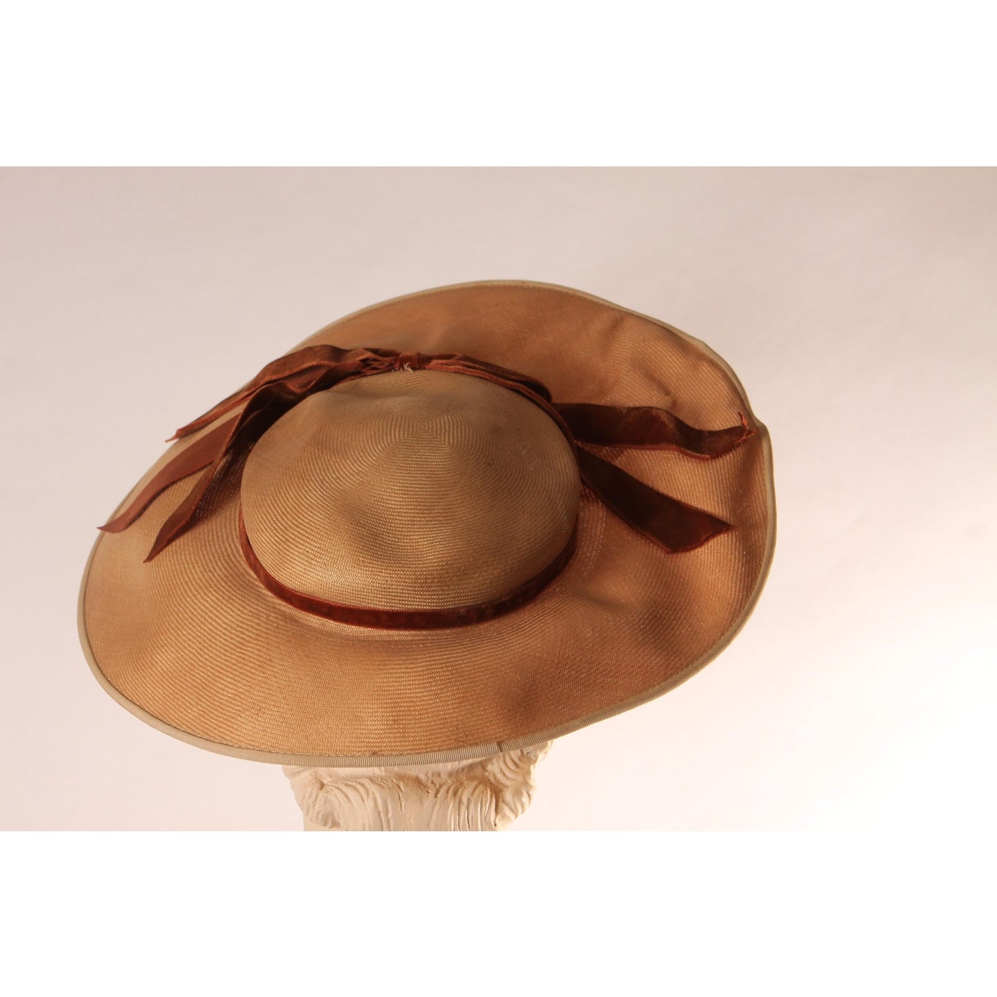 1940s Tan Straw Hat with Brown Velvet Bow Formal Wide Brim Sun Hat by Lady Beatrice Model