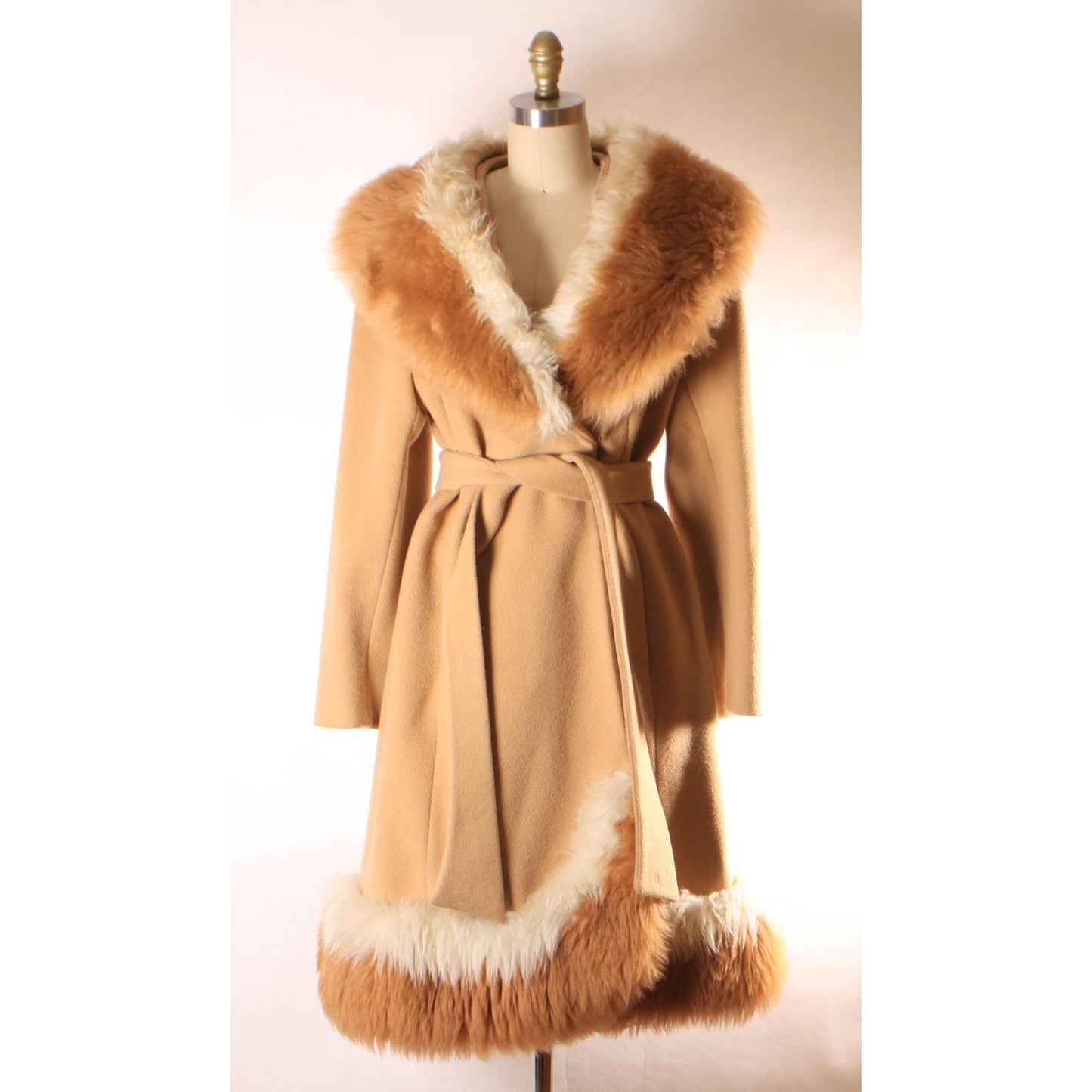Early 1960s Brown and Cream Shearling Fur Trim Collar and Hem Wrap Princess Coat by Youthcraft
