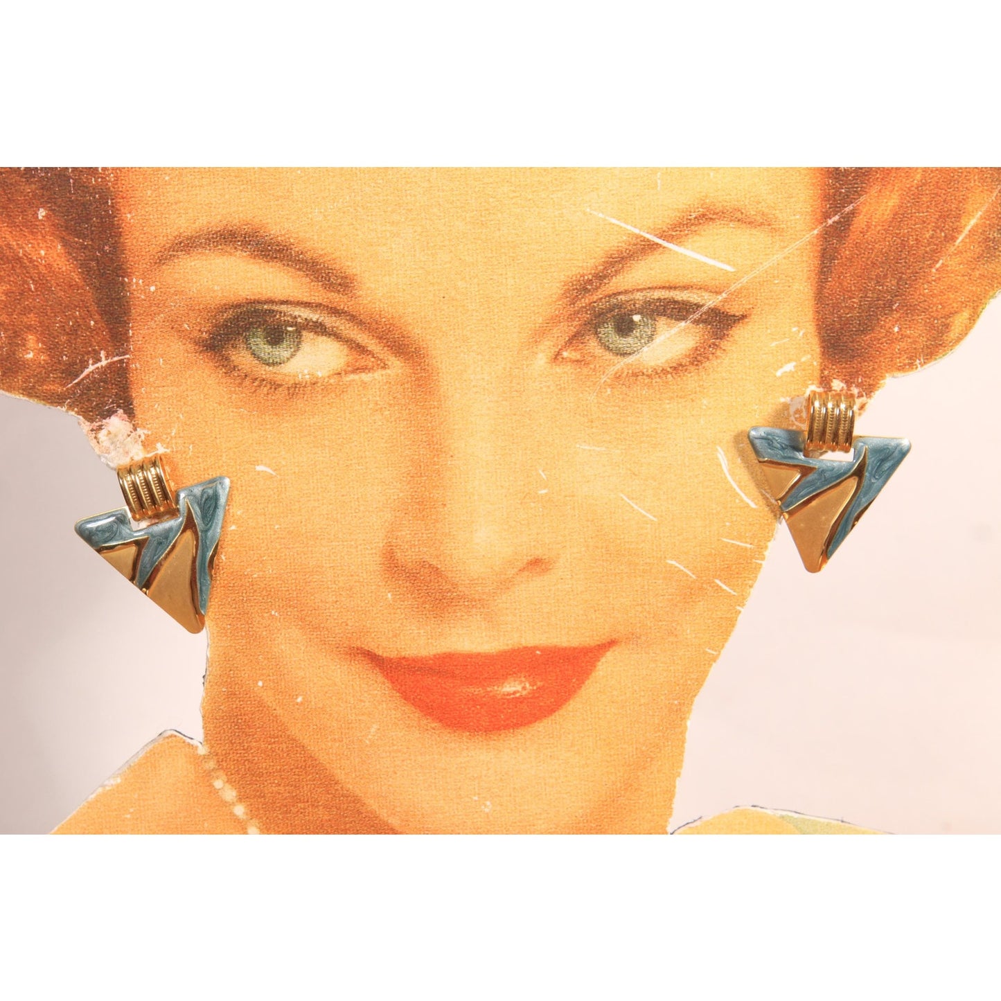 1980s Gold Tone Metal and Blue Triangle Geometric Pierced Earrings
