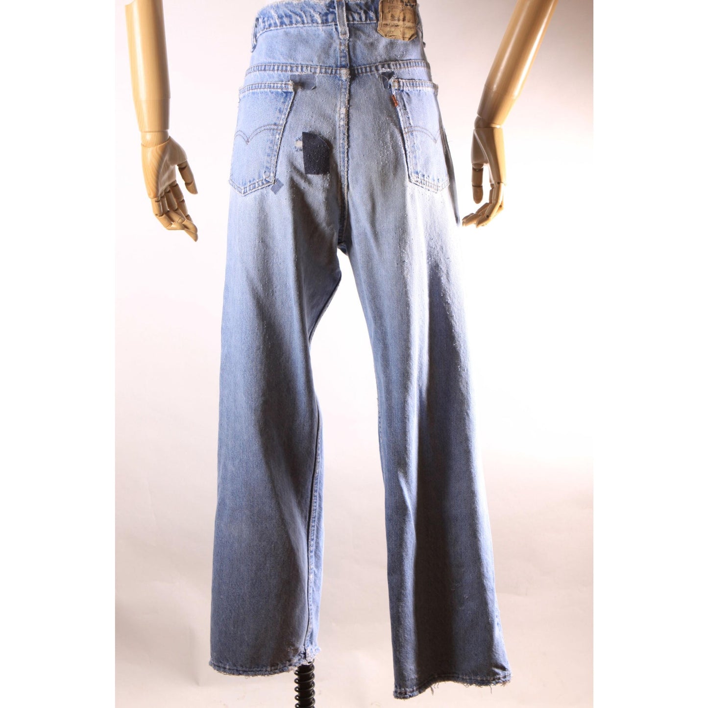 1980s Distressed Patch Fraying Blue Denim Orange Tab 517 Jeans by Levi's -38x30