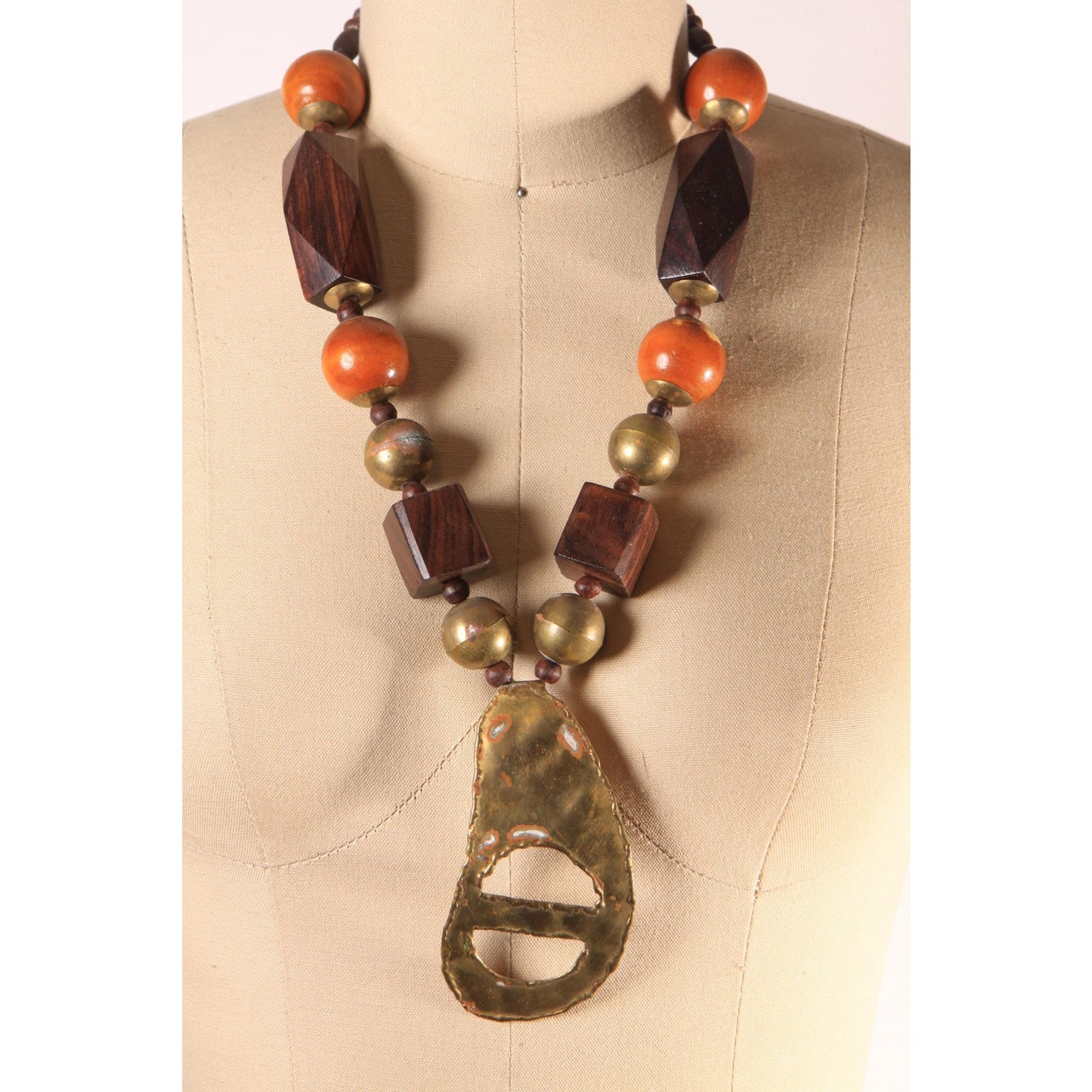 Late 1970s Wood andCopper Brass Abstract Boho Chunky Oversized Pendant Necklace