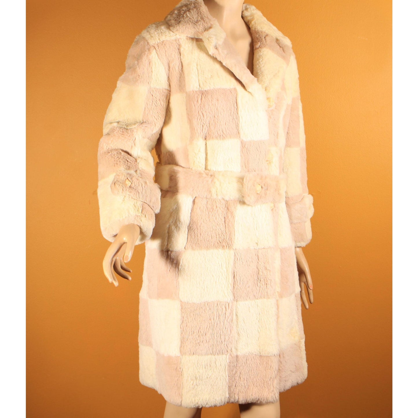 1960s Light Pink and White Sheared Dyed Chinchilla Fur Checkerboard Mod Belted Coat by Famous Barr -M-L