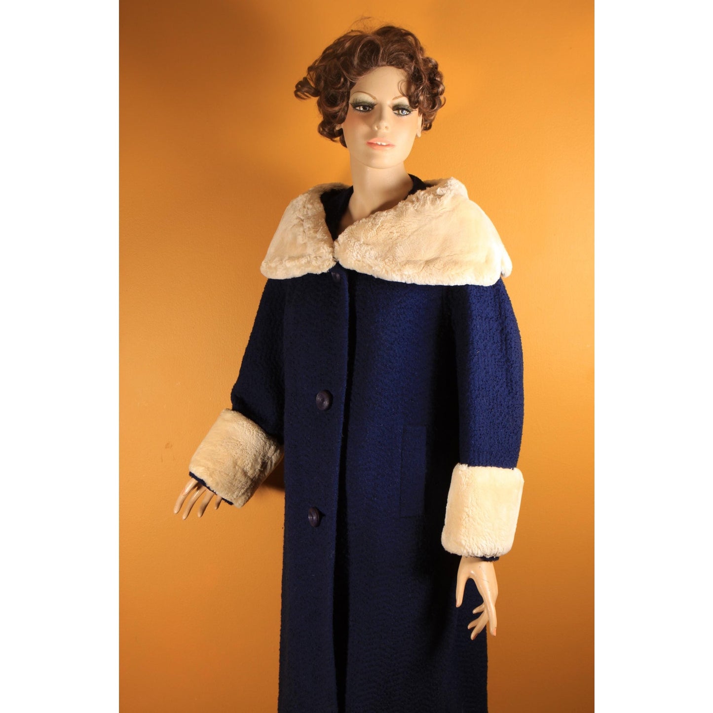 1950s Blue Long Sleeve Cream Sheared Chinchilla Fur Cuff and Collar Coat by Adler's and Jeshiva -XL