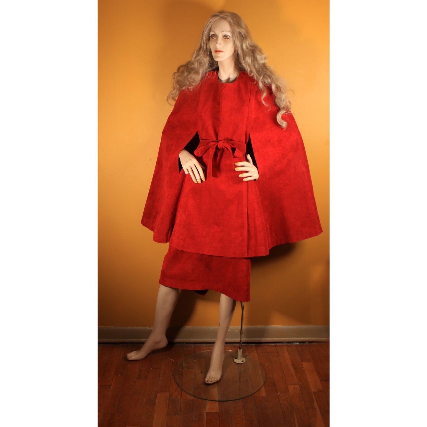 1970s Dark Red Microsuede Belted Cape with Matching Skirt Two Piece Outfit Skirt Suit -XL
