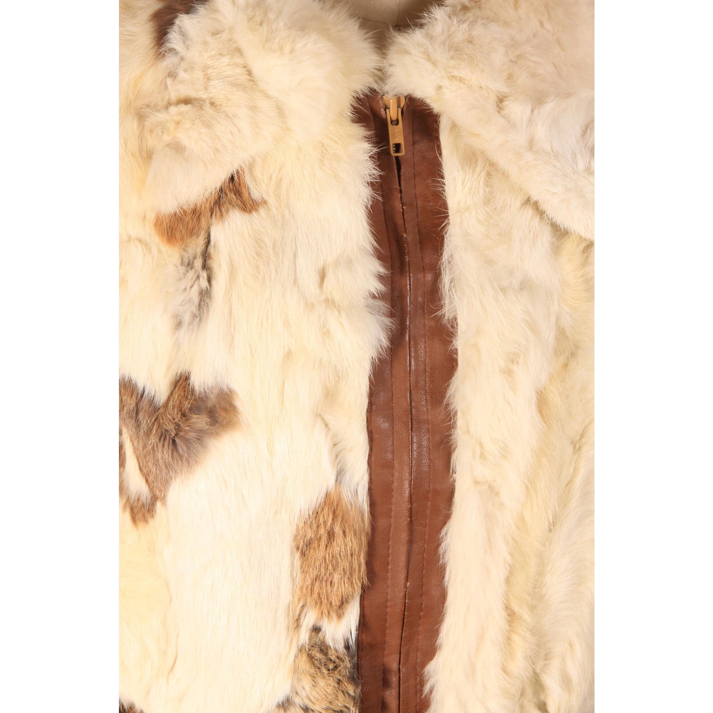 1970s White, Cream, Gray and Brown Multi-Colored Patchwork Rabbit Fur Cropped Coat -S