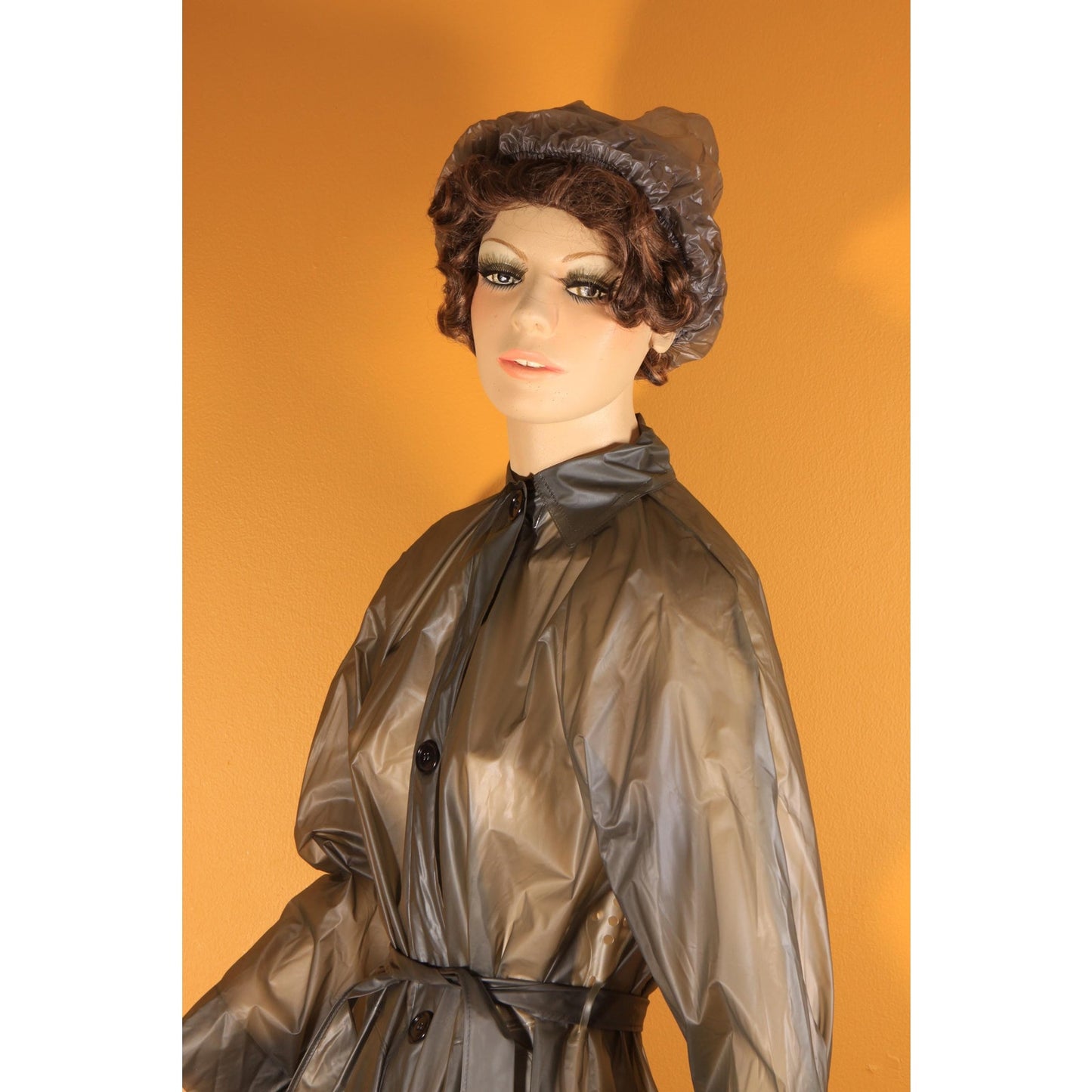 1950s 1960s See Through Gray Button Down Belted Raincoat with Matching Rain Bonnet by Aqua Sheen by Exylin -S