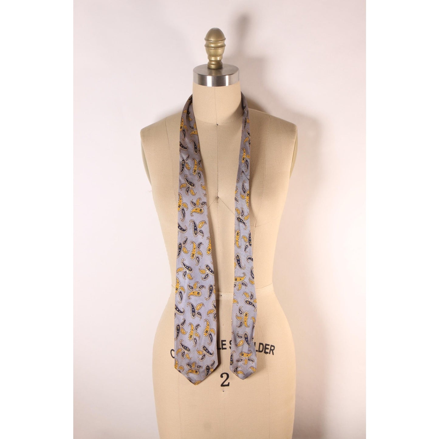 1950s 1960s Gray, Yellow and Navy Blue Paisley Necktie Tie