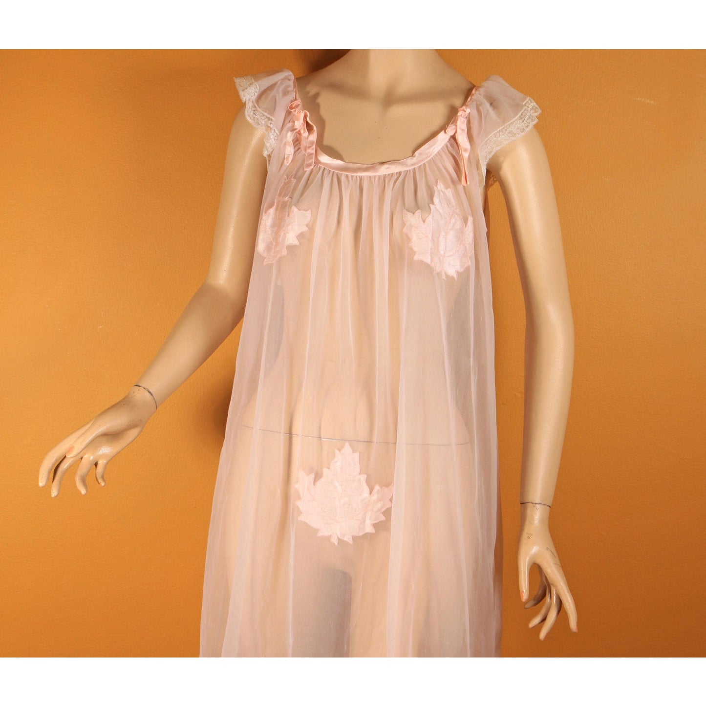 1950s Sheer Illusion Pink Fig Leaf Risque Pin Up Eves Leaves Babydoll Peignoir Night Gown by Chevette