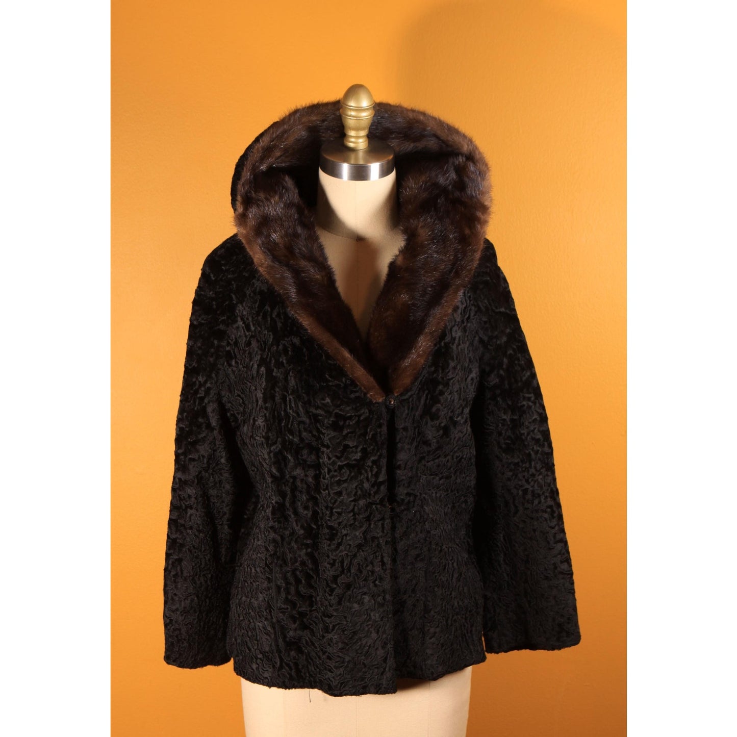 1950s Black Persian Lamb and Brown Mink Fur Trim Coat by Parker -M-L