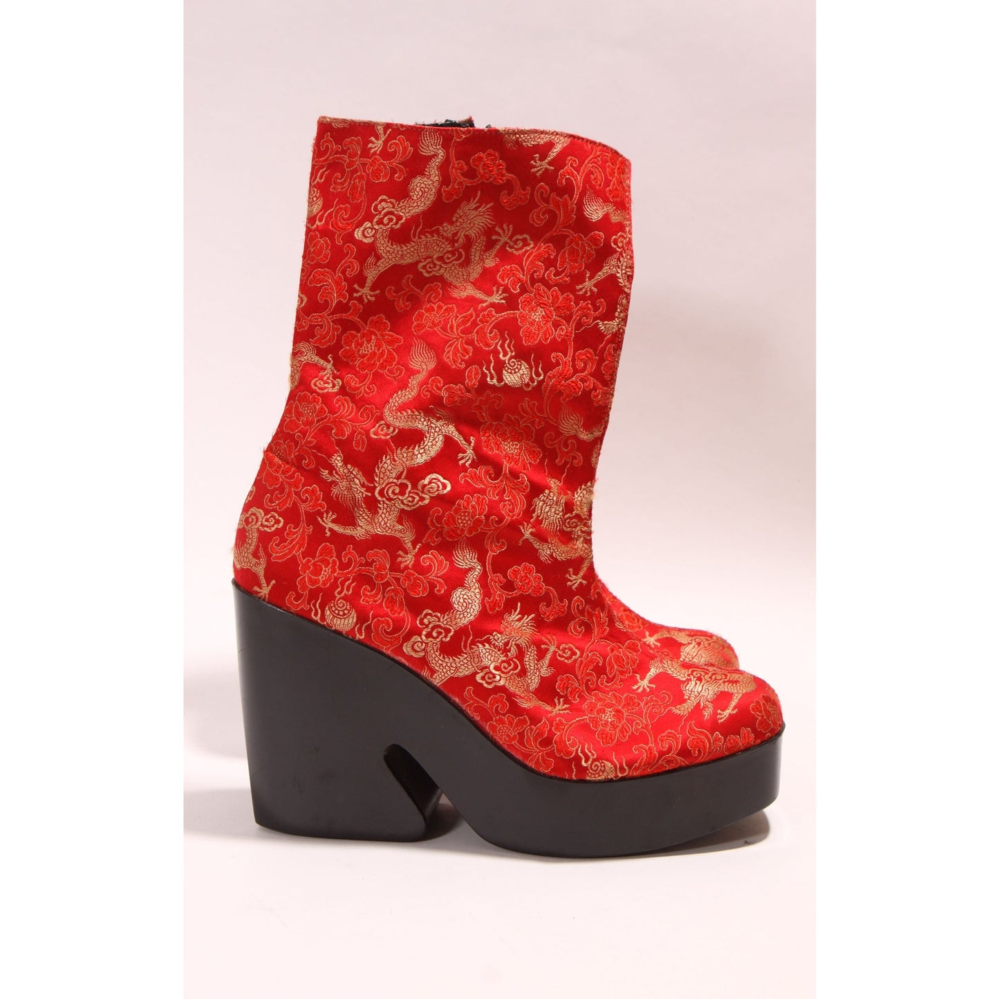 1990s Red, Gold and Black Satin Chinese Dragon Funky Platform High Heel Boots by Scibba -9M