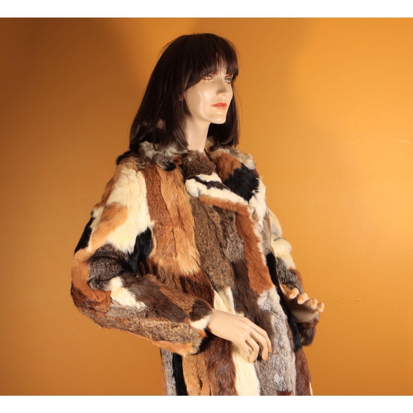 1970s Multi-Colored Patchwork Rabbit Fur Long Sleeve Penny Lane Coat by Mademoiselle Furs -M