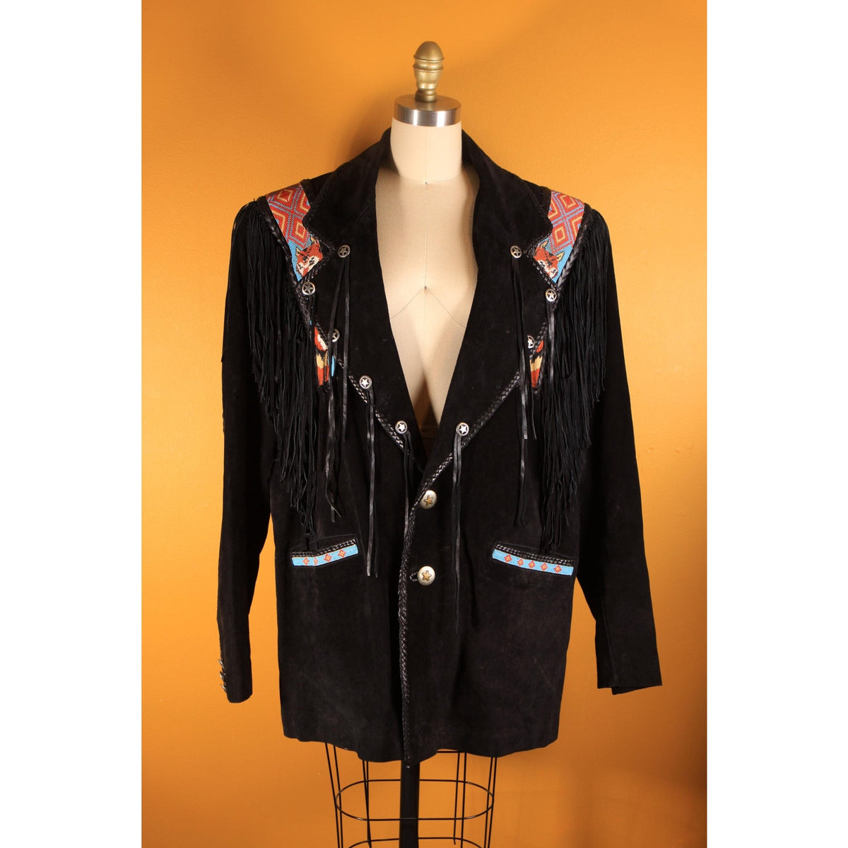 1980s Black Suede Leather Star Embellishments Novelty Beaded Wolf Fox Blue and Red Fringe Mens Western Coat by Diamond Leathers