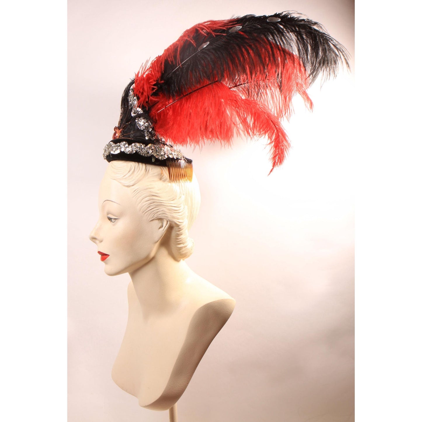 1970s Red and Black Costume Showgirl Burlesque Feather Sequin Headdress Headpiece Hat