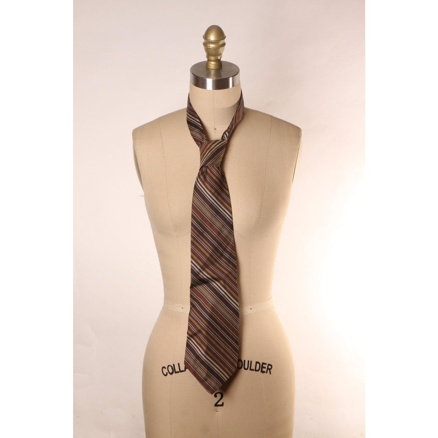 1970s Brown and Tan Dacron Polyester and Silk Striped Wide Necktie Tie by Damon