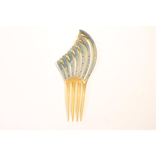 1930s Tan, Gray and Blue Rhinestone Fan Art Deco Hair Comb