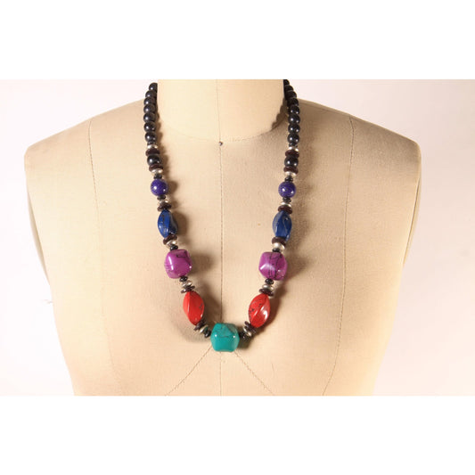 1980s Black, Teal and Burgundy Chunky Beaded Necklace