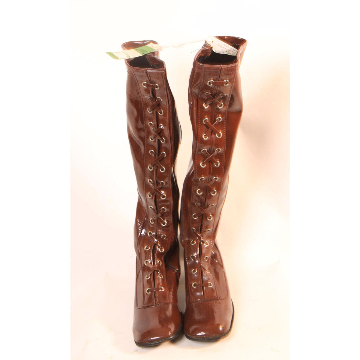 Deadstock 1960s Brown Vinyl Criss Cross Lace Up Zippered Go Go Boots -Made in Japan -Size 5 and Size 6