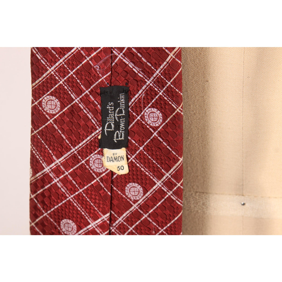 1970s Burgundy and Tan Patterned Polyester Wide Necktie Tie by Dillard’s Brown-Dunkin’