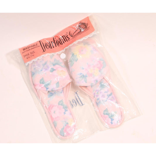 Deadstock 1950s 1960s Pink and Blue Floral Slippers by Dearfoams-Size 6 1/2-7 1/2