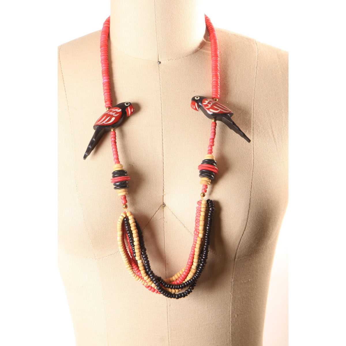 1970s 1980s Red, Black and Tan Wood Beaded Novelty Parrot Necklace