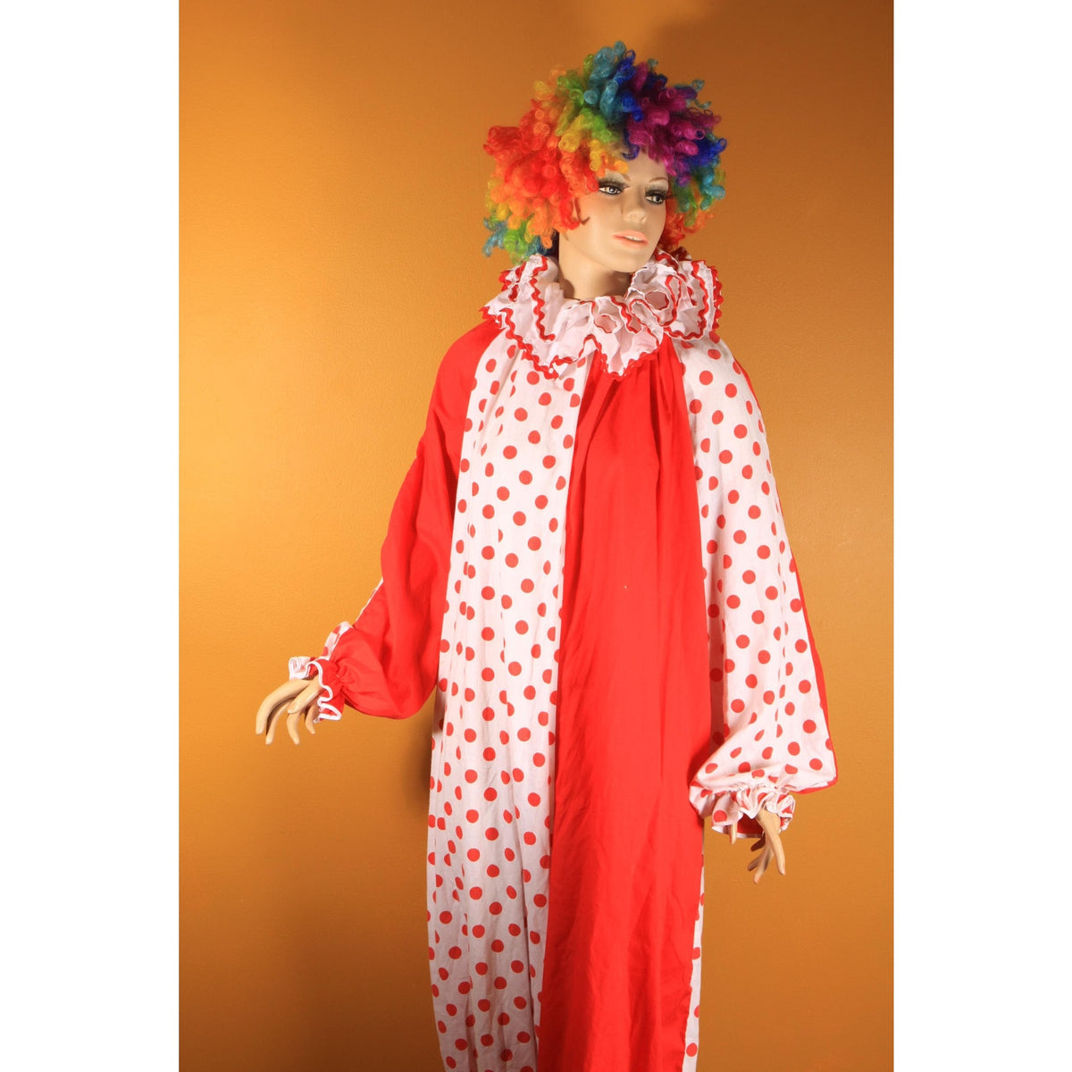 1960s 1970s Red and White Polka Dot Ruffle Collar One Piece Clown Costume