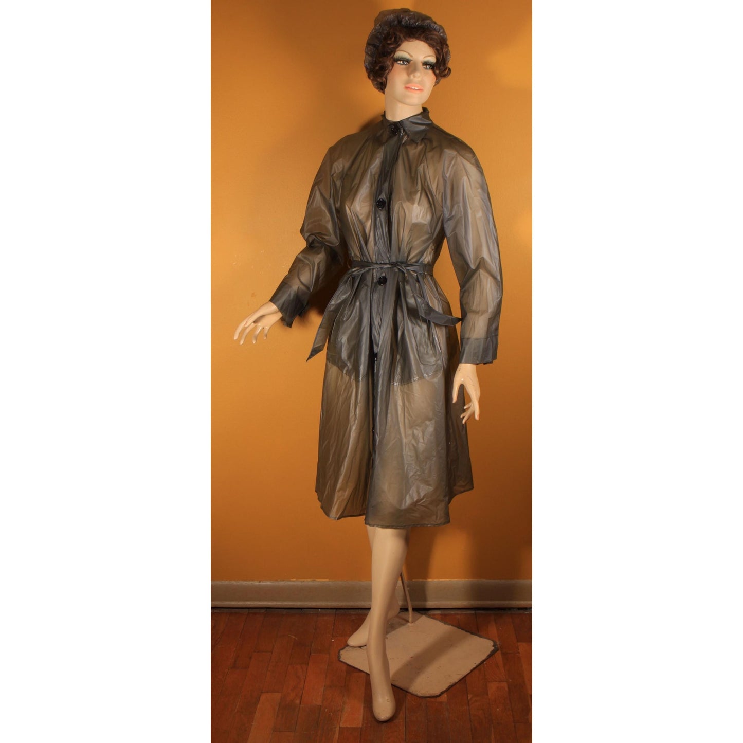 1950s 1960s See Through Gray Button Down Belted Raincoat with Matching Rain Bonnet by Aqua Sheen by Exylin -S