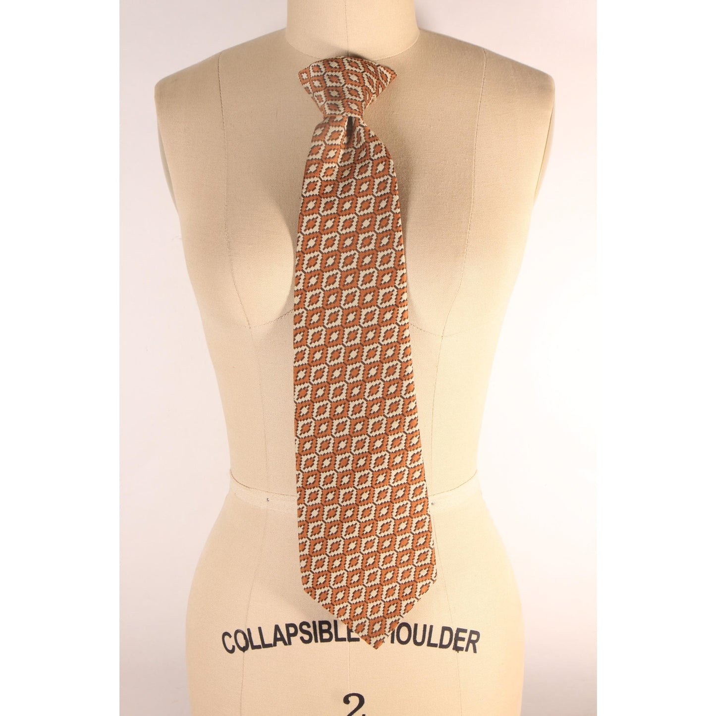 1960s Brown and Cream Off White Geometric Clip On Necktie Tie by Rhynecliffe