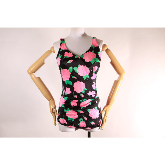 1970s 1980s Black, Pink and Green Floral One Piece Swimsuit by Maxine of Hollywood -M-L