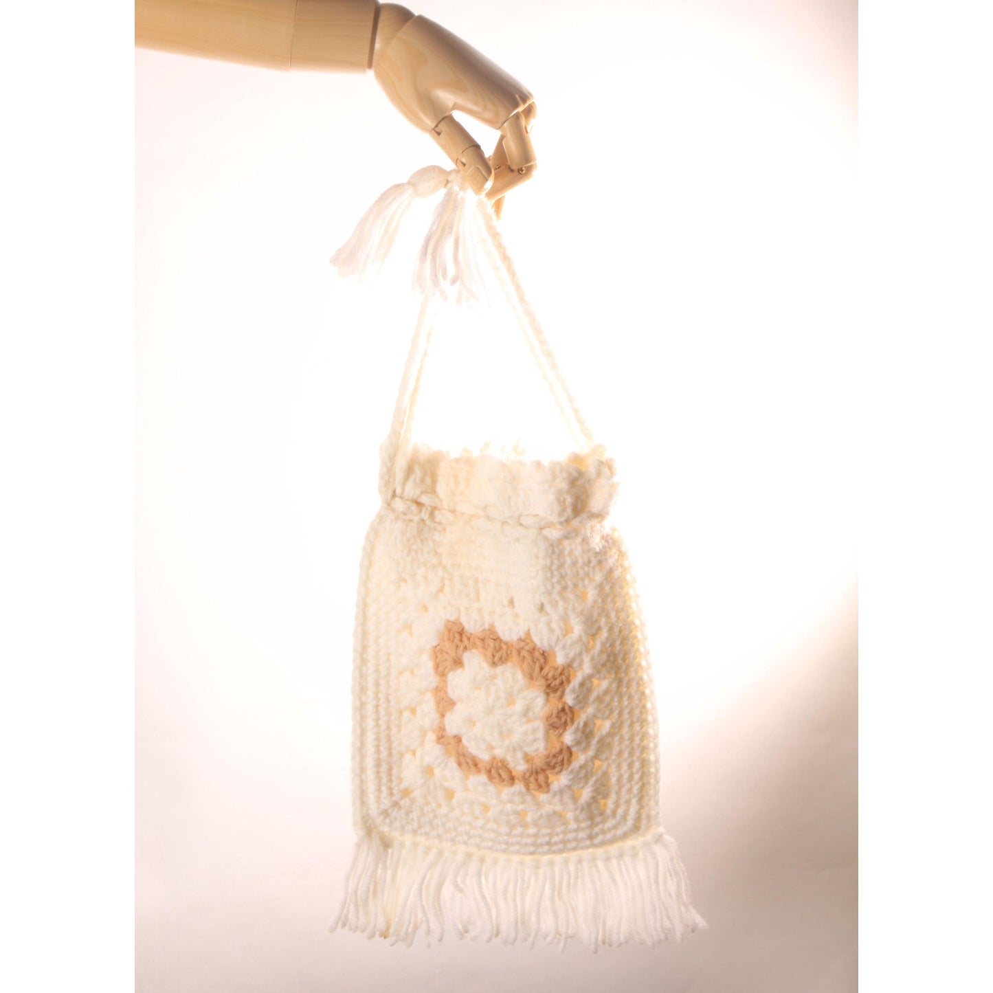 1970s White and Tan Granny Square Crochet Drawstring Fringe Purse Bag
