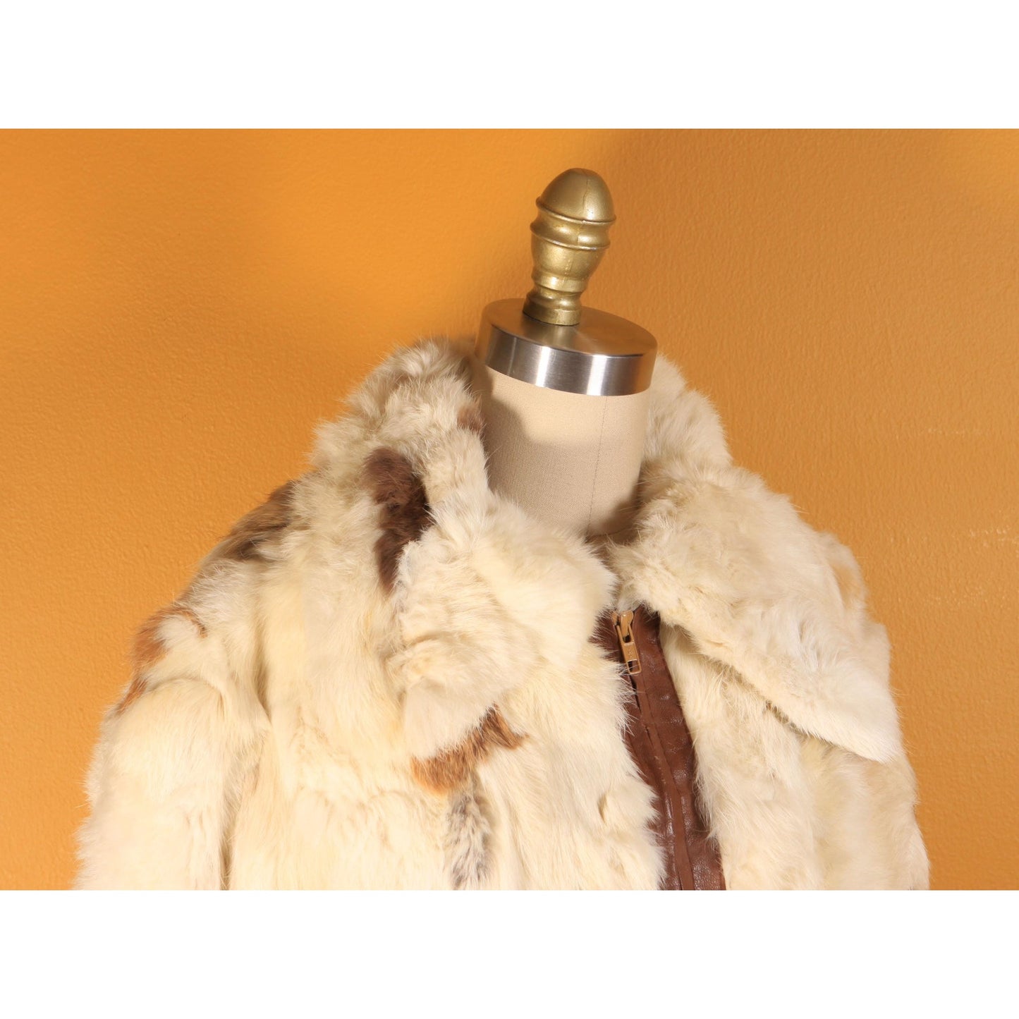 1970s White, Cream, Gray and Brown Multi-Colored Patchwork Rabbit Fur Cropped Coat -S