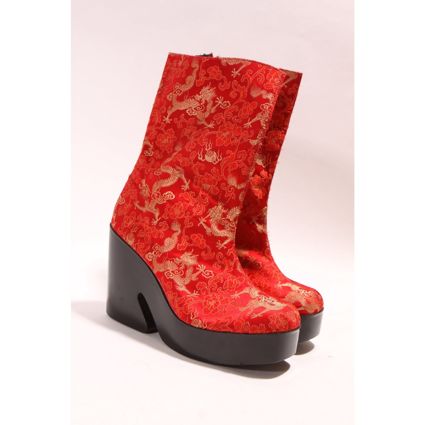 1990s Red, Gold and Black Satin Chinese Dragon Funky Platform High Heel Boots by Scibba -9M