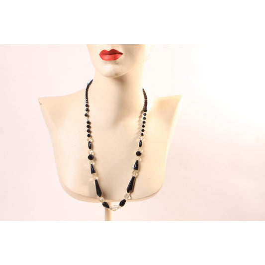 1950s Black and Clear Glass Faceted Oval and Round Beaded Necklace