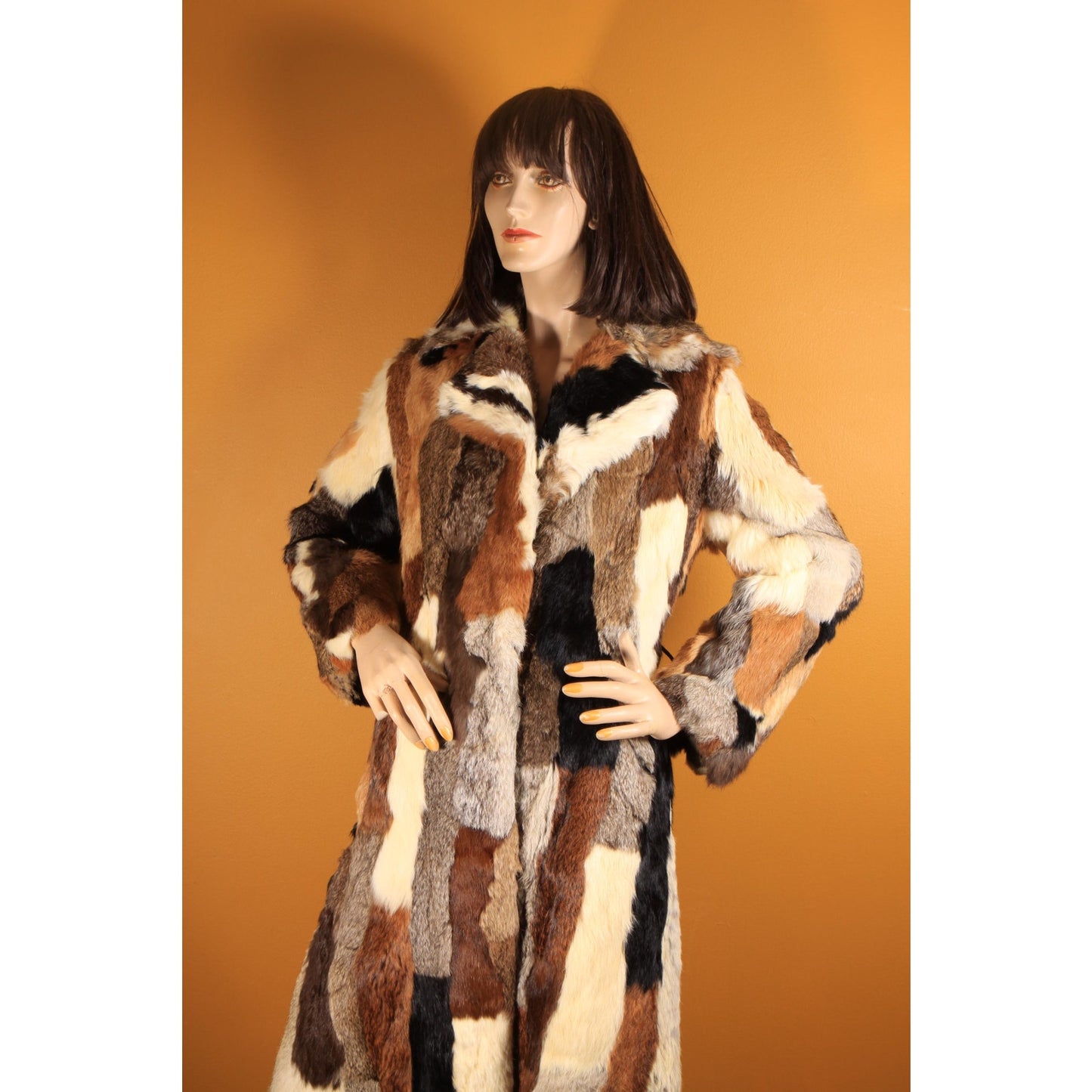 1970s Multi-Colored Patchwork Rabbit Fur Long Sleeve Penny Lane Coat by Mademoiselle Furs -M