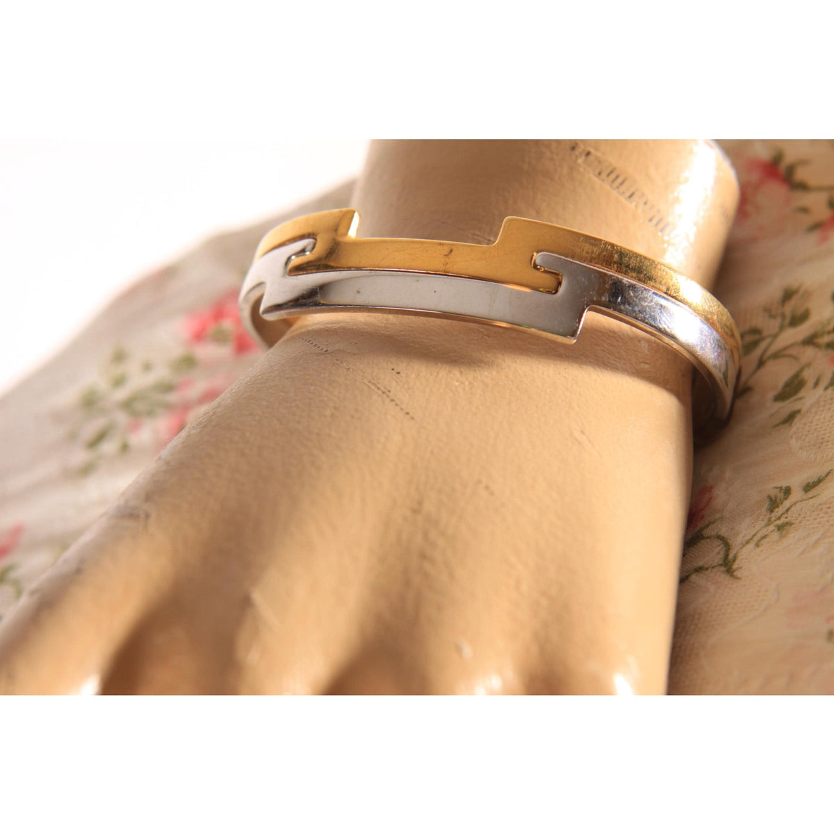 Late 1970s Early 1980s Silver Tone and Gold Tone Metal Art Deco Style Cuff Bracelet by Avon