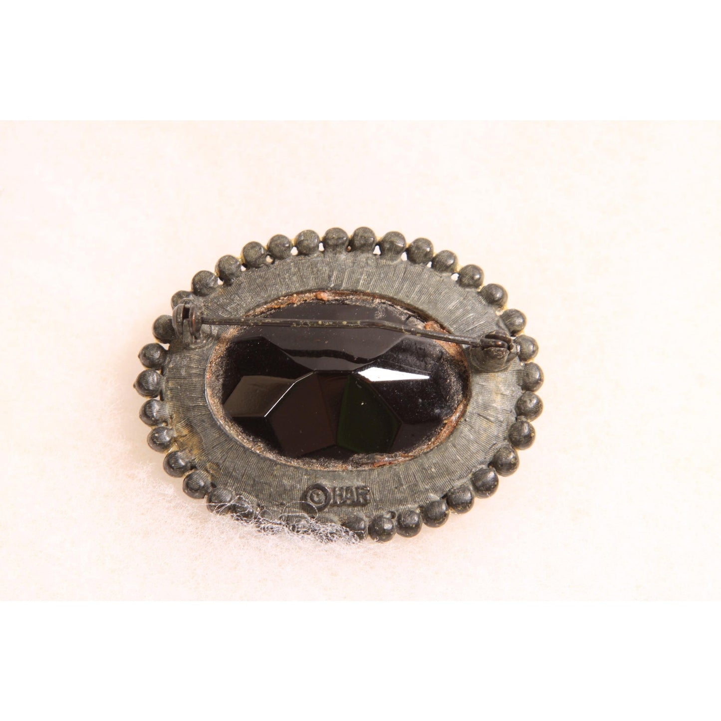 1960s Black Glass Faceted Cabochan Oval Brooch by HAR