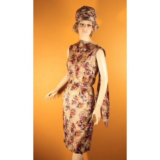 1950s Gray and Purple Floral Waterfall Sash Wiggle Dress with Matching Jacket and Hat Three Piece Outfit by Letizia Fuhr -S