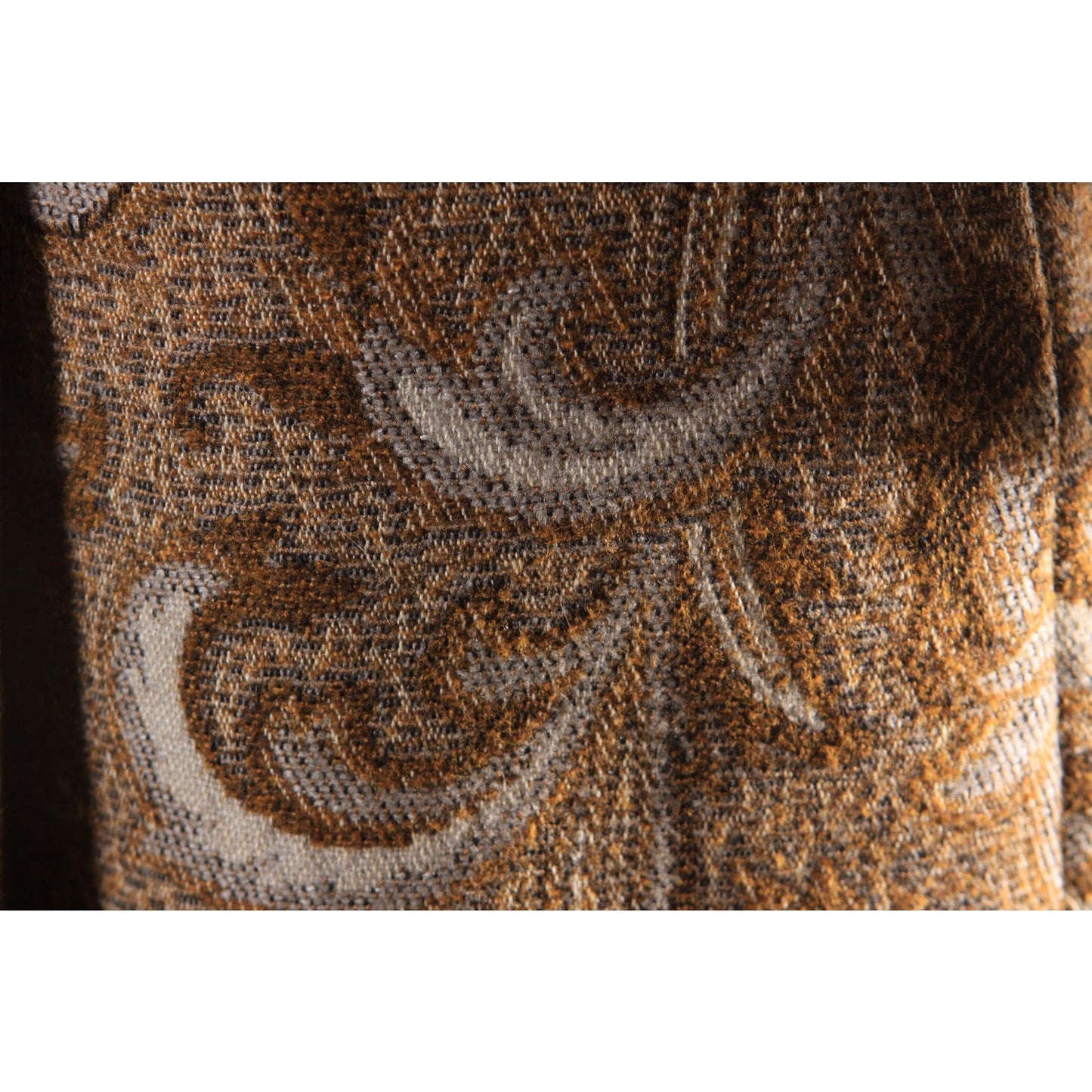 1960s Brown and Blue Gray Swirl Paisley Tapestry Fox Fur Collar Carpet Coat