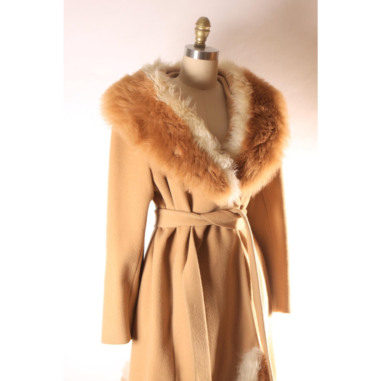 Early 1960s Brown and Cream Shearling Fur Trim Collar and Hem Wrap Princess Coat by Youthcraft
