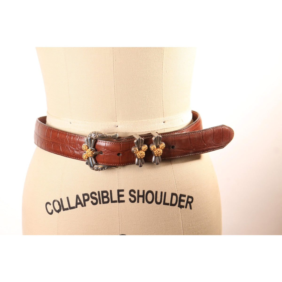 1990s Brown Leather Reptile Pattern Silver and Gold Tone Metal Novelty Mickey Mouse Disney Belt by Brighton and Disney