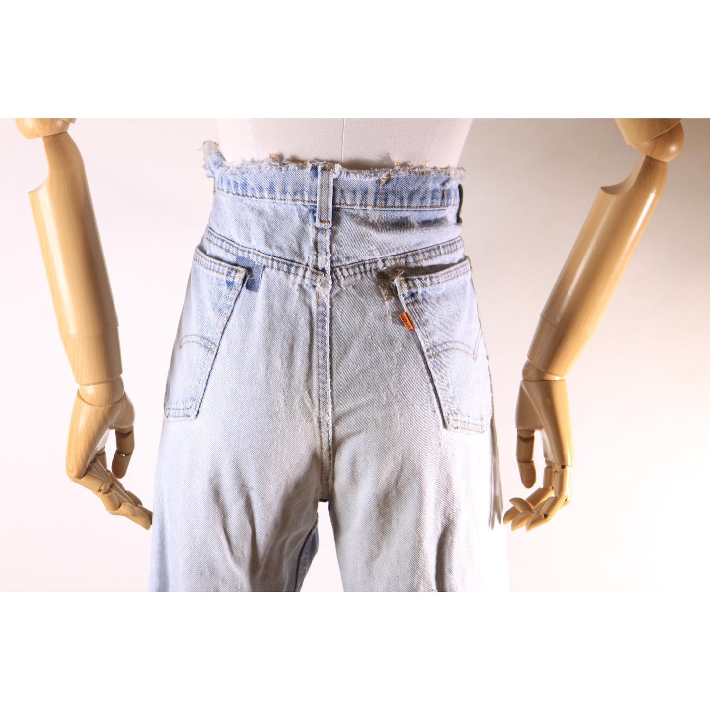 1980s Distressed Patch Fraying Blue Denim Orange Tab 517 Jeans by Levi's -38x29
