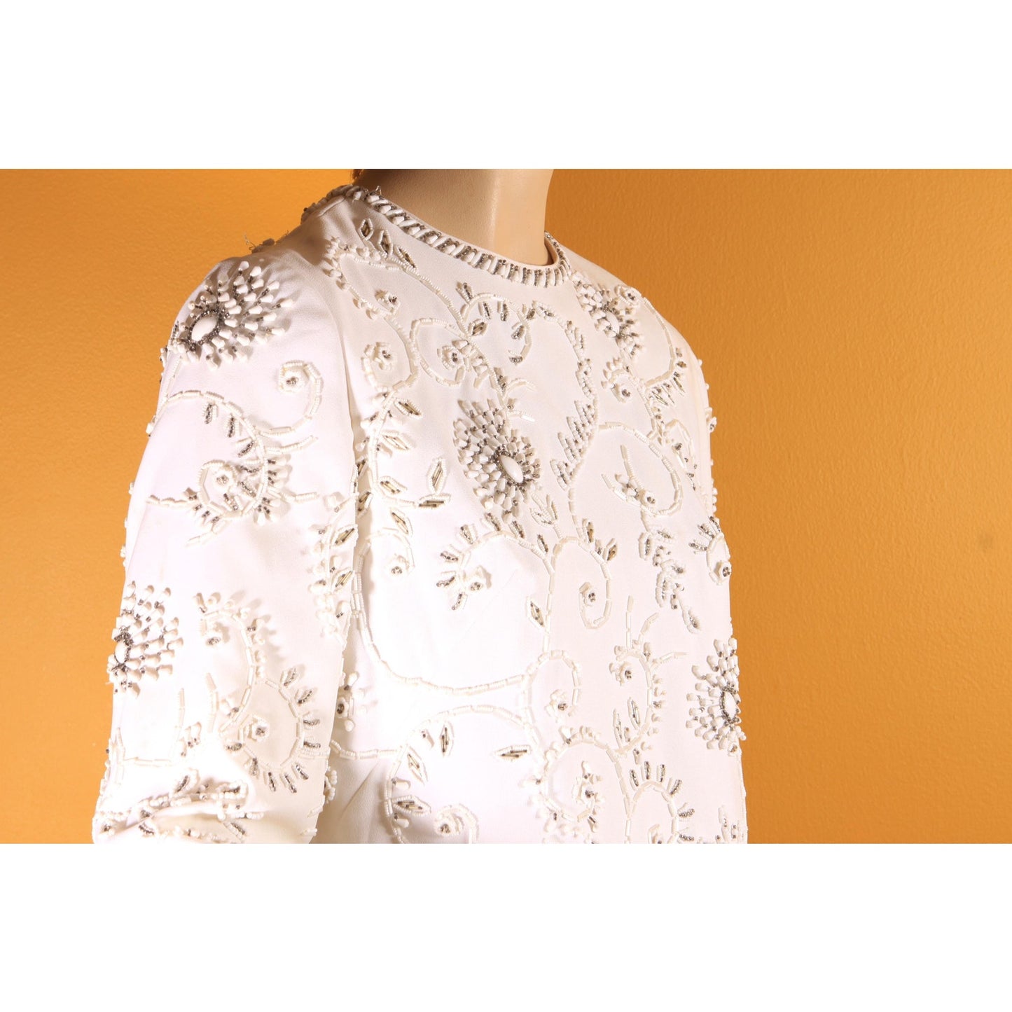 1960s White Heavily Beaded Floral Swirl 3/4 Length Sleeve Tunic Mini Dress by Cavanagh's Virgin Islands