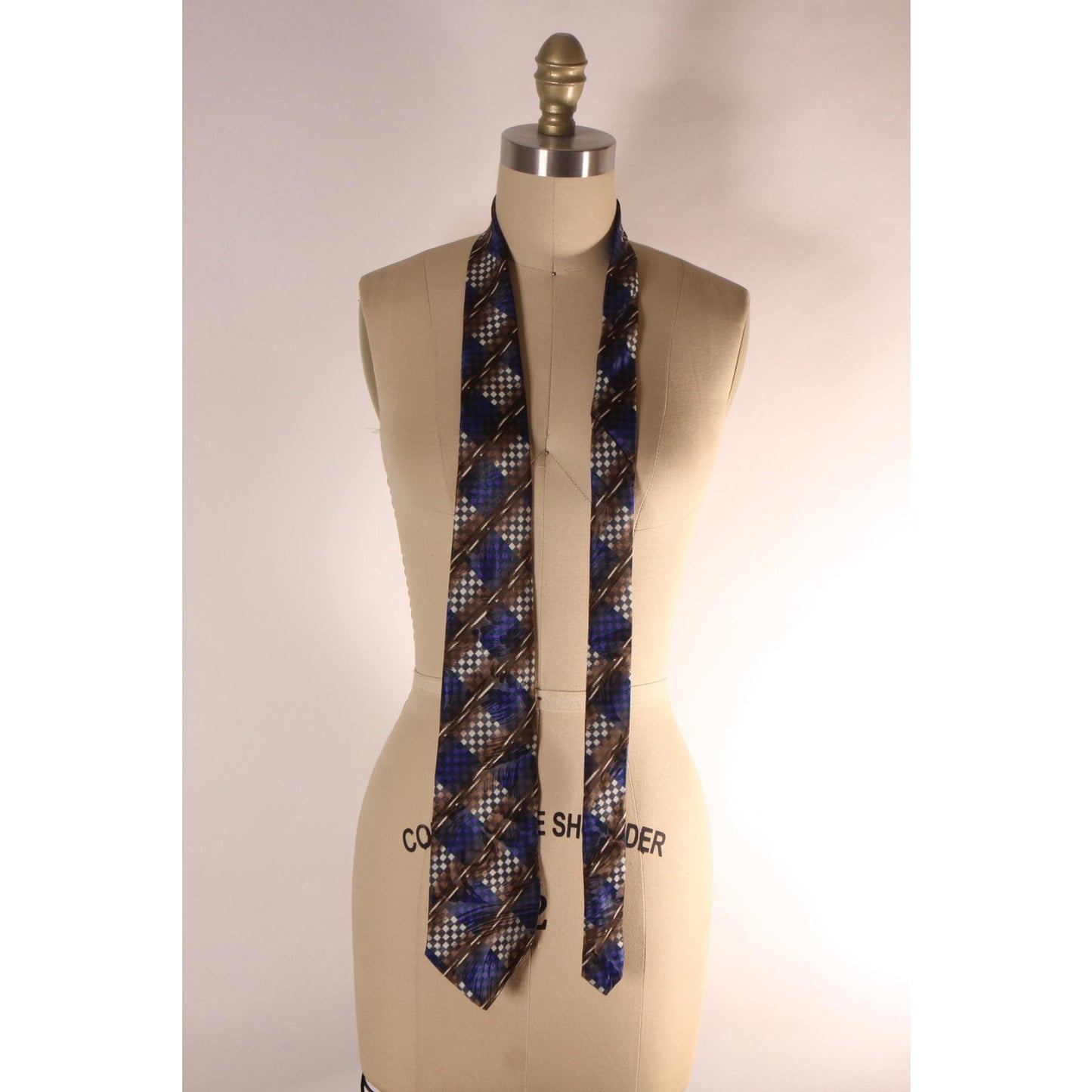 1980s 1990s Navy Blue, Tan and Gray Geometric Necktie Tie by Manhattan