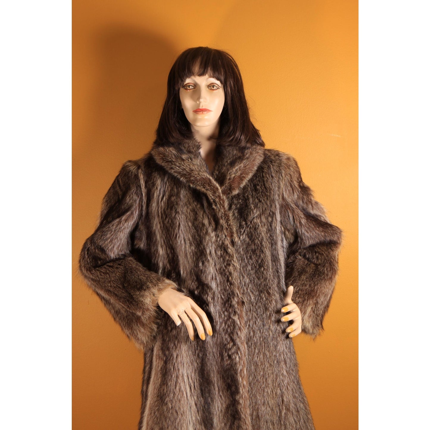 1970s Gray and Black Long Sleeve Raccoon Fur Coat -XL