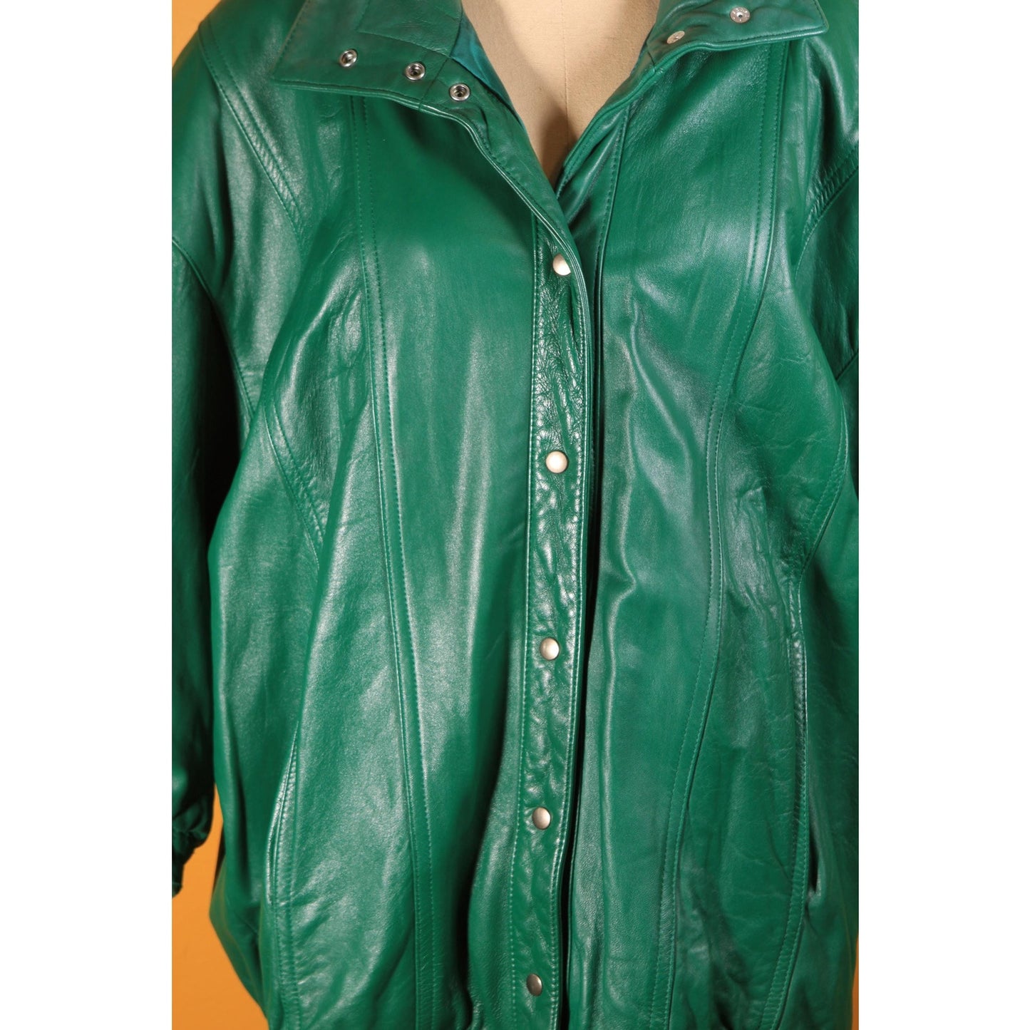 1980s Green Leather Metal Snap 3/4 Length Sleeve Jacket Coat