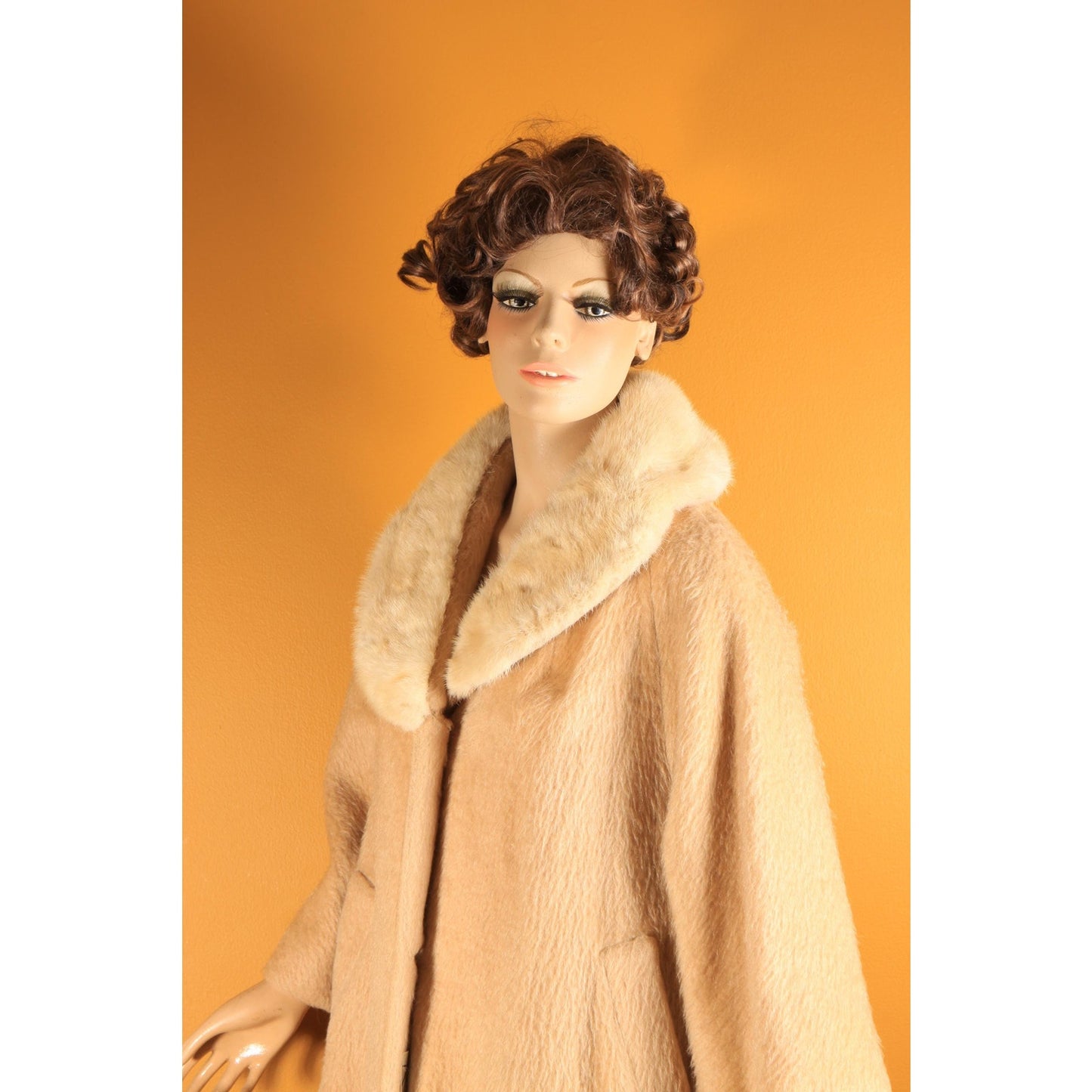 1950s Tan and Cream Bracelet Sleeve Mink Fur Collar Swing Coat by Lilli Ann -M-XL