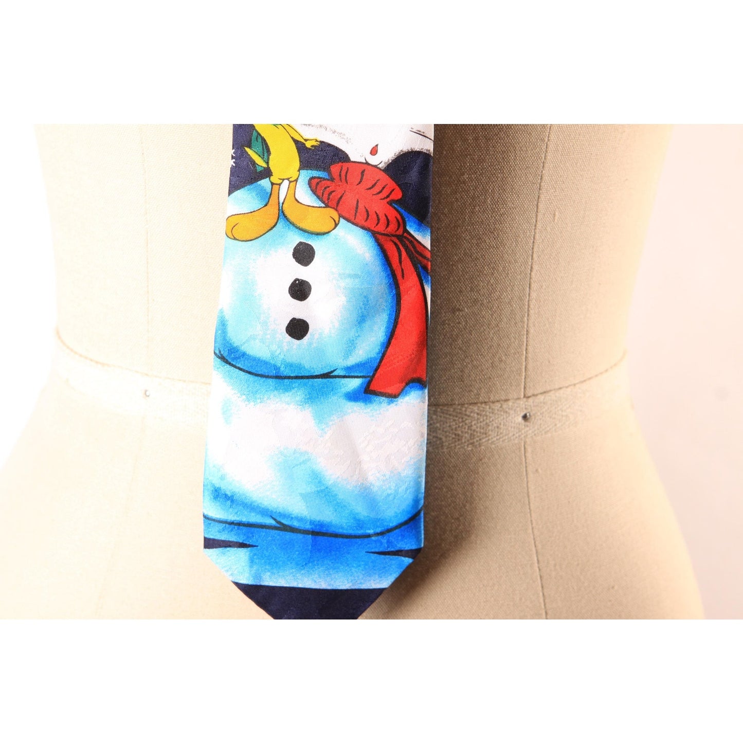 1990s Blue Novelty Tweety Bird and Sylvester Snowman Necktie by Looney Tunes Mania
