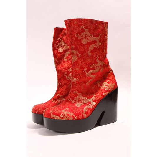 1990s Red, Gold and Black Satin Chinese Dragon Funky Platform High Heel Boots by Scibba -9M